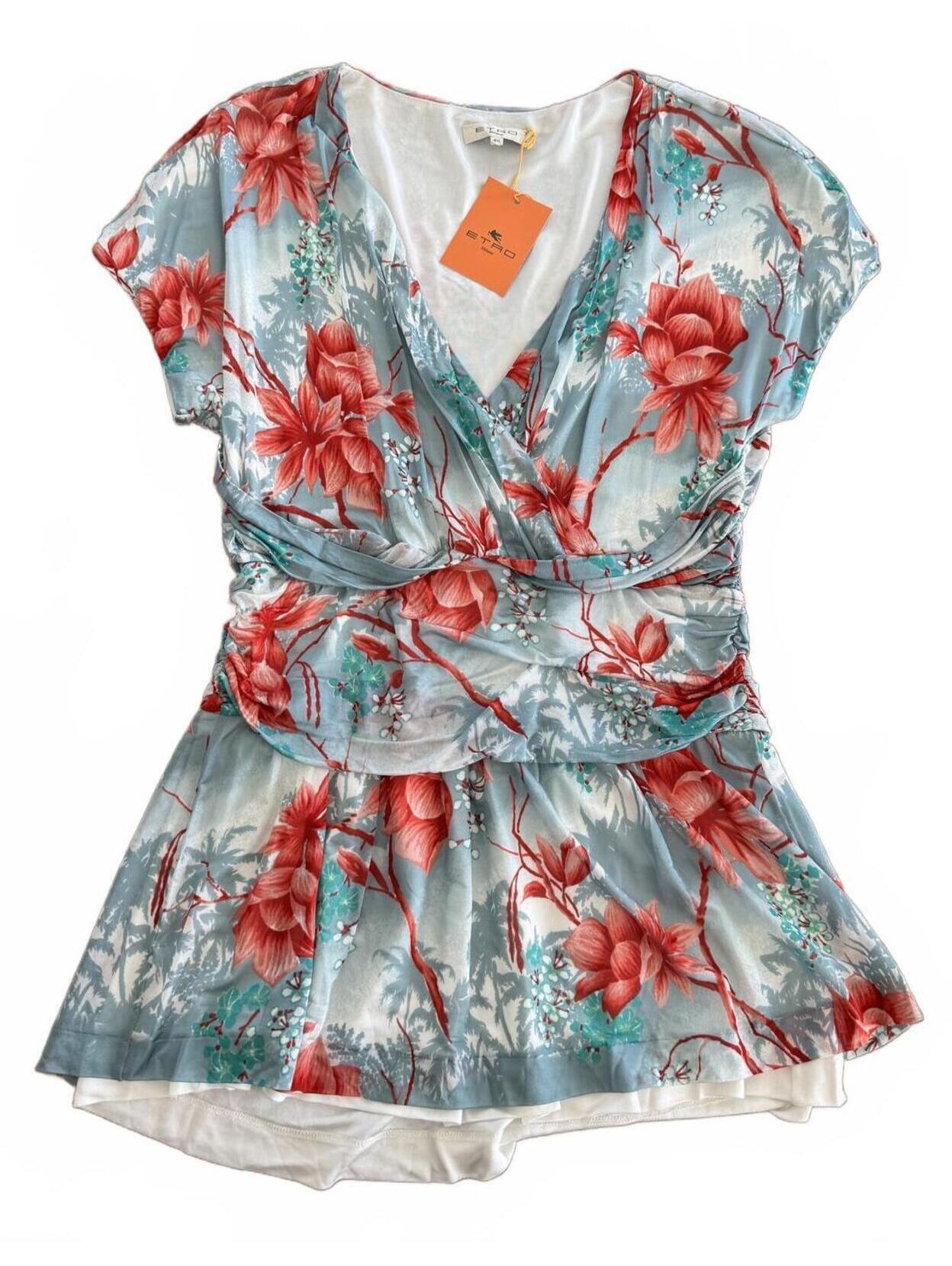 Etro Milano Nwt Floral Wrap Ruched Short Sleeve Blouse Tunic Us L